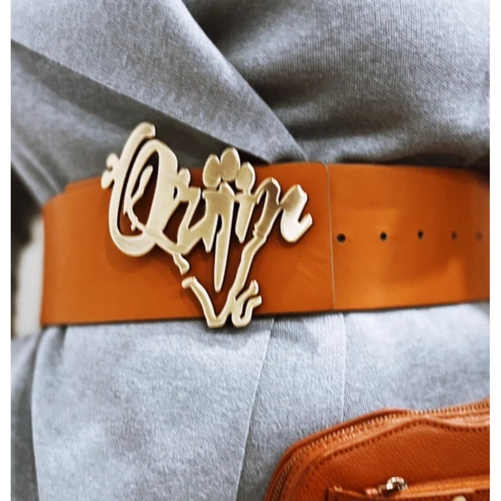 Orijin Culture Leather Belt – Wide Strap – Artistic Metal Buckle – Reversible-XL